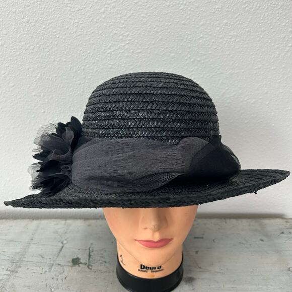 Vintage Betmar Black Straw derby Hat Floral Accent Made in Italy Wide main image 7